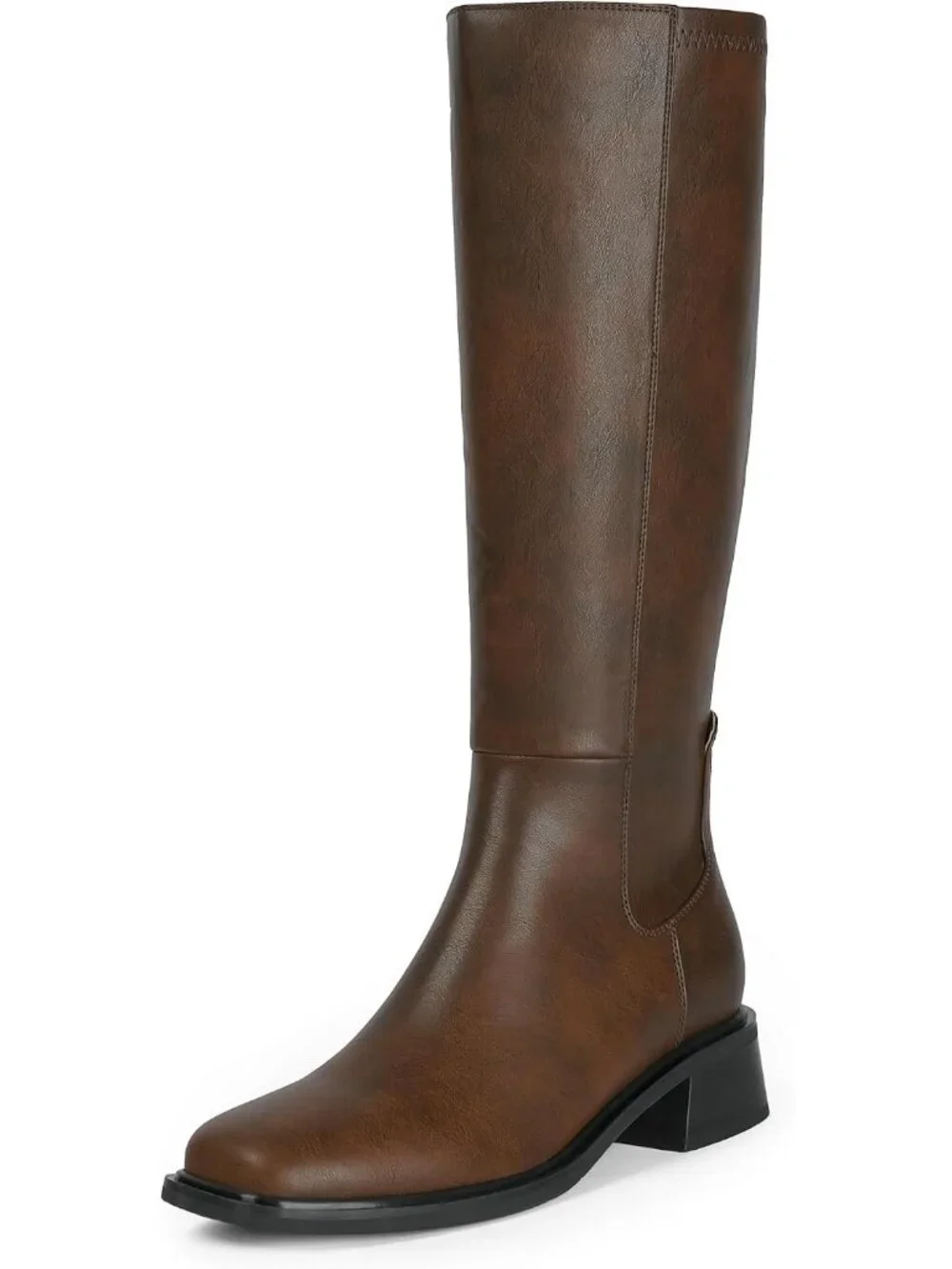 Women's Retro Brown Faux Leather Square Toe Knee High With Side Zipper Boots